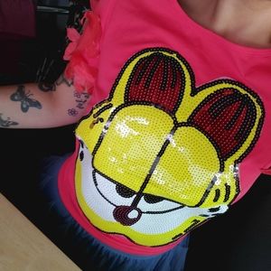 Garfield Print Sequins  T-Shirt.  New with tag
